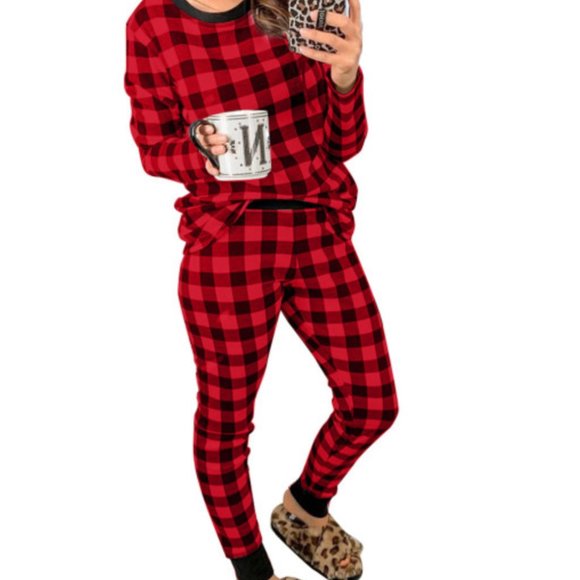 RED Black Buffalo Check Plaid Pajama Lounge Set - Picture 4 of 5